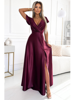CRYSTAL - Dlouhé dámské saténové šaty ve vínové bordó barvě s výstřihem 411-10