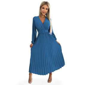 VIVIANA - Dámské plisované midi šaty v džínové barvě s výstřihem, dlouhými rukávy a širokým opaskem 504-5