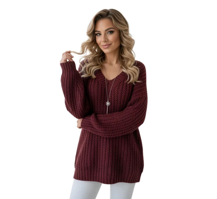 661-1 Teplý svetr oversize s fleecovou vazbou a výstřihem do V - vínový