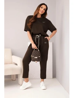 Dámský komplet viskózový s krátkým rukávem a kalhotami s ohrnutými nohavicemi hnědý