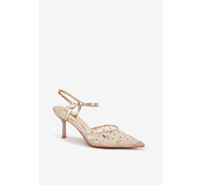 Pánské síťované dámské sandály na jehlovém podpatku se zdobením Zlato model 22103194 - Boto