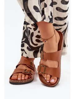 Dámské pantofle na korkové platformě s přezkami – camel