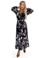 Černé dámské plisované midi šaty s výstřihem, dlouhými rukávy, zavazováním v pase a se vzorem růžových květů 502-1