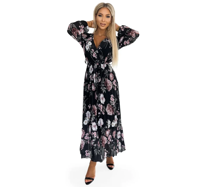 Černé dámské plisované midi šaty s výstřihem, dlouhými rukávy, zavazováním v pase a se vzorem květů model 21883680 - numoco basic