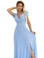 411-13 CRYSTAL třpytivé dlouhé šaty s výstřihem - MODRÉ s třpytkami