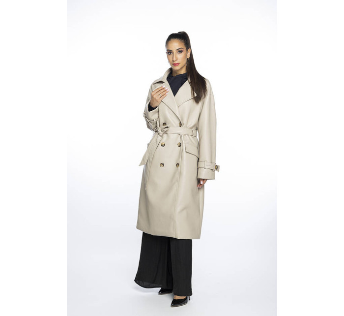 Béžový dvouřadový klasický dámský kabát z ekologické kůže AnnGissy (AG6-30)