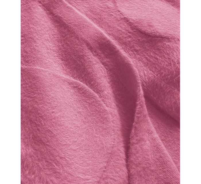 Světle růžový dlouhý vlněný přehoz přes oblečení typu alpaka s kapucí  (908)