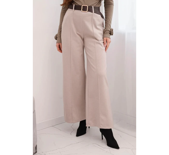 Dámské elegantní kalhoty s páskem a širokými nohavicemi béžové
