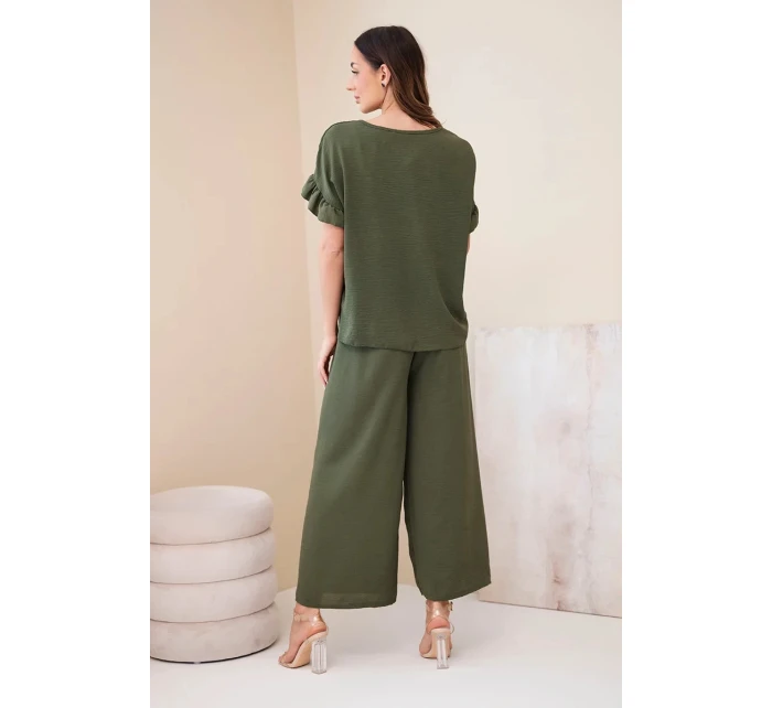 Dámský viskózový komplet s halenkou s potiskem a kalhotami khaki