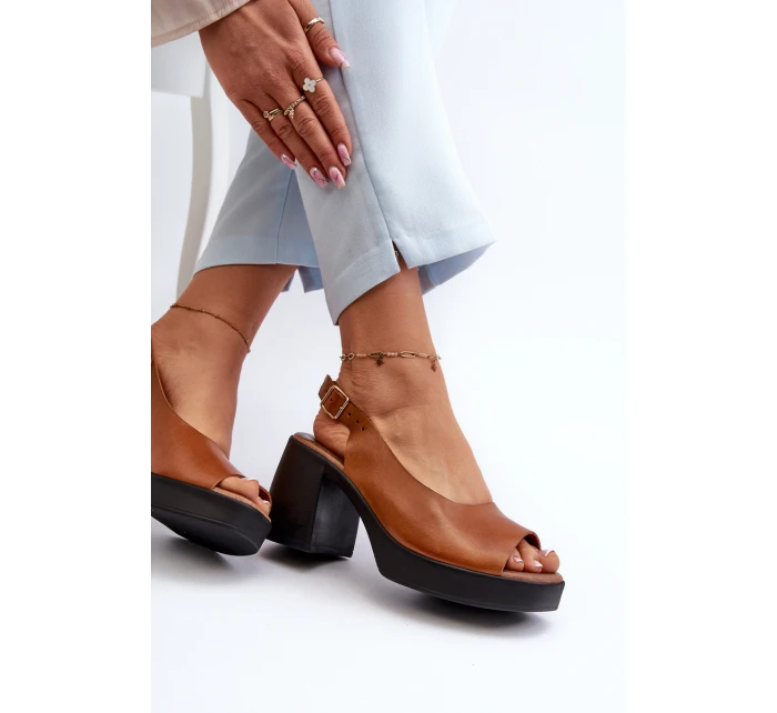 Zazoo 40376 Kožené Sandály Na Masivním Podpatku Hnědé