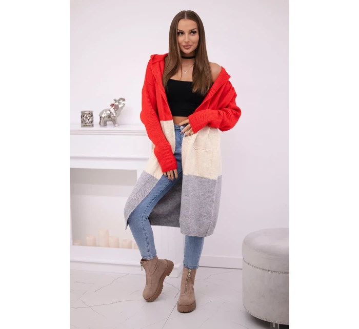 Pruhovaný svetr s kapucí červená + béžová + šedá