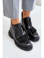 Kožené Lakované Kotníkové Boty s Ozdobou Zateplené D&A Černé Kožené Lakované Kotníkové Boty s Ozdobou Zateplené D&A Černé