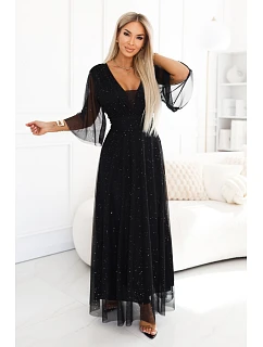 Dlouhé lesklé plus size šaty s výstřihem a rukávy černé model 22200156 - numoco basic