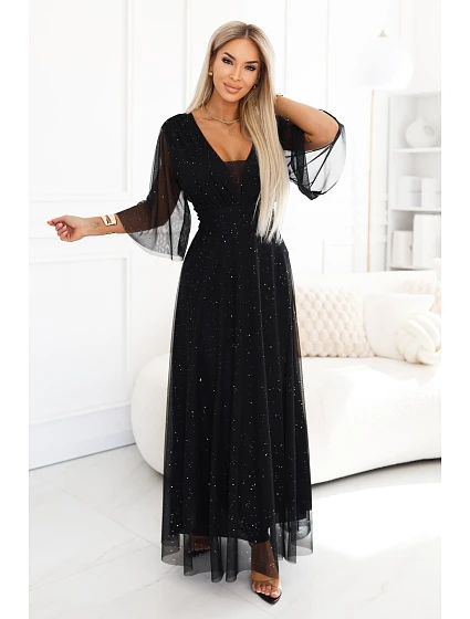 654-5 Dlouhé lesklé plus size šaty s výstřihem a průhlednými rukávy - černé