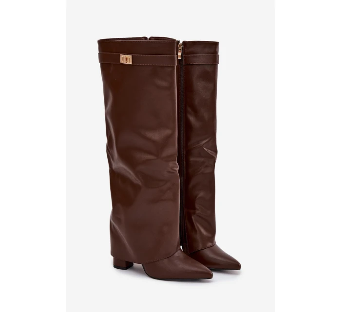 Dámské kozačky z eko kůže s lemem na podpatku hnědé model 21710062 - Boto