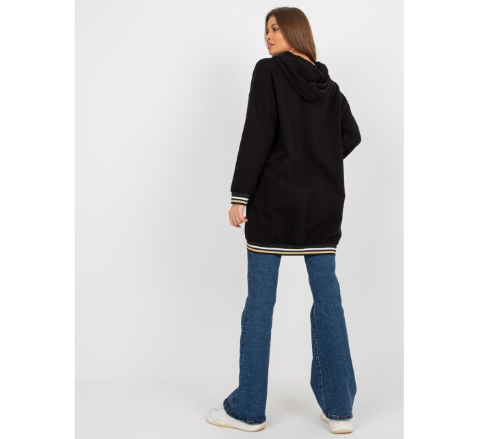 Černá dlouhá mikina na zip s kapucí a nápisy