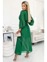 KLARA Světle zelené dámské plisované šaty s výstřihem a opaskem model 21109897 - numoco basic