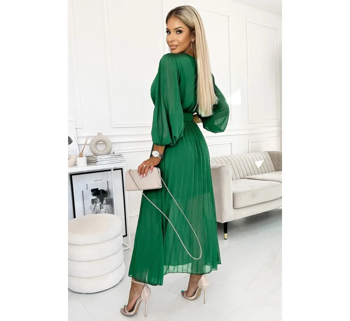 KLARA Světle zelené dámské plisované šaty s výstřihem a opaskem model 21109897 - numoco basic