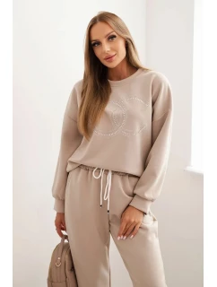 Dámský komplet z viskózy s ozdobným motivem a kalhotami béžový