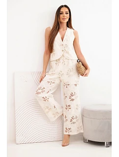 Dámský bavlněný komplet s vyšívanou vestou a kalhotami béžový