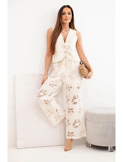 Dámský bavlněný komplet s vyšívanou vestou a kalhotami béžový