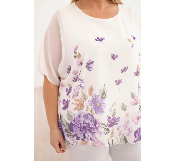 Dámská halenka Plus Size s krátkým rukávem a květinovým potiskem fialová