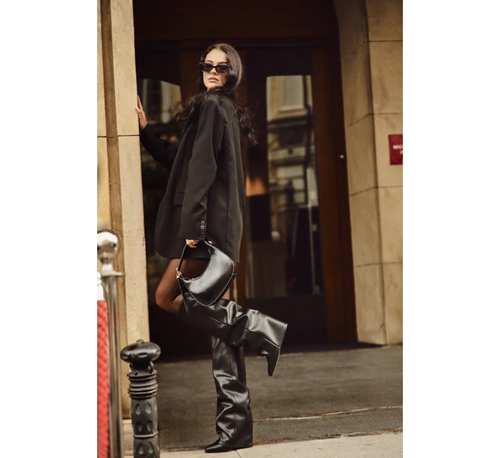 Zateplené dámské kozačky s otočeným horním lemem na podpatku Černé Elivira