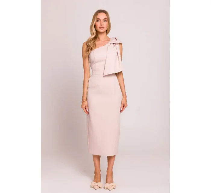 M847 Šaty na jedno rameno s mašlí - světle béžové