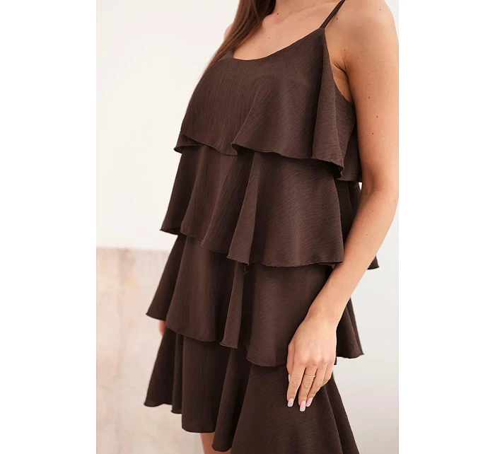 Dámské mini šaty na ramínkách s volány hnědá Dámské mini šaty na ramínkách s volány hnědá