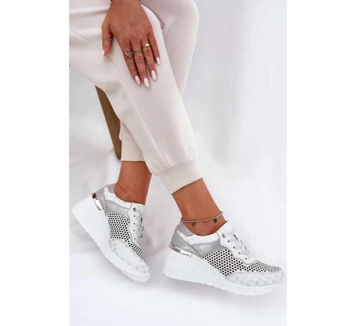 Kožené Ažurové Sportovní Boty Sneakers Na Klínu Bílé model 21691047 - S.Barski Kožené Ažurové Sportovní Boty Sneakers Na Klínu Bílé model 21691047 - S.Barski