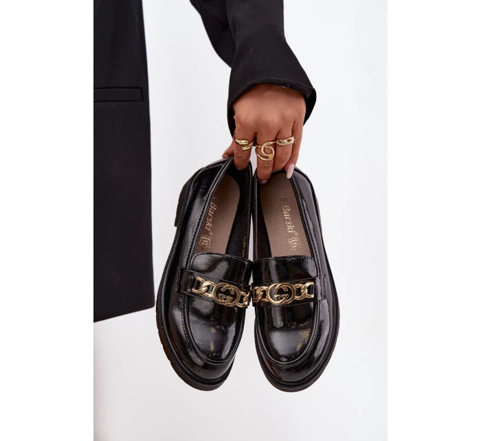 Lakované dámské mokasíny se zlatým ozdobným S Bar ski HY52 539 černé