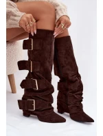 Dámské kozačky na sloupku a zlatými přezkami – čokoládové Isavelle Dámské kozačky na sloupku a zlatými přezkami – čokoládové Isavelle