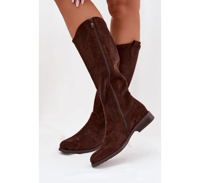 Dámské kozačky s krajkovým vzorem na nízkém podpatku S.Barski HY61-8022 Čokoládové