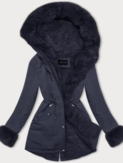 Tmavě modrá krátká zimní bunda parka s kožešinovou podšívkou (16M9062-215)