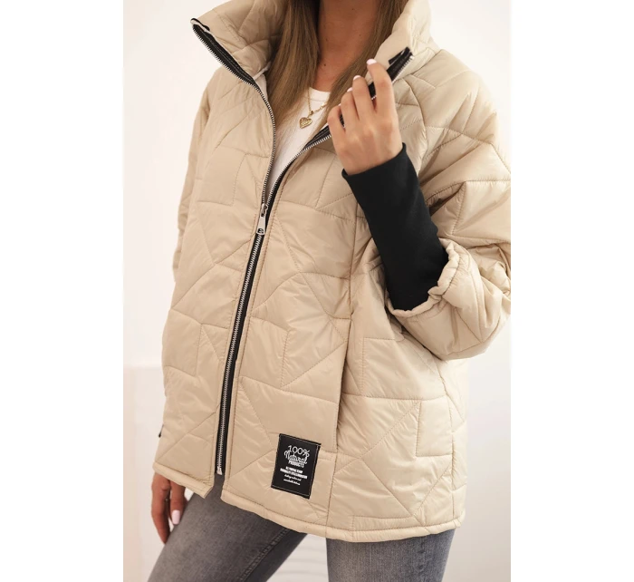 Dámská prošívaná bunda s krátkým střihem a stojáčkem tmavě béžová
