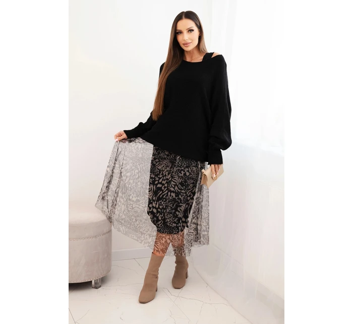 Dámský komplet s vlněným svetrem a viskózovou šaty černý