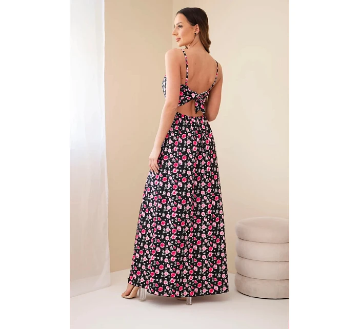 Dámské maxi šaty s květinovým vzorem na ramínkách s vázáním na zádech černá