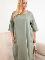 Dámské plus size viskózové šaty s kapsami a krátkým rukávem khaki