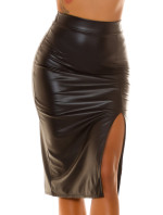 Sexy kožená midi sukně s vysokým pasem a rozparkem