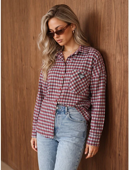 Dámská bavlněná košile s červeným kostkovaným vzorem FashionStreet DY0503 Dámská bavlněná košile s červeným kostkovaným vzorem FashionStreet DY0503