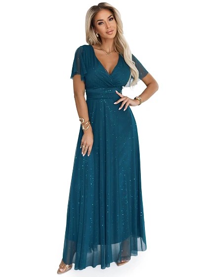 dlouhé třpytivé šaty s výstřihem a krátkými rukávy lahvově zelené model 21412840 - numoco basic