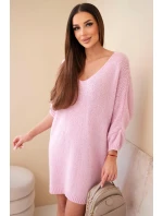 Dámská plus size vlněná šaty s výstřihem do V světle růžová