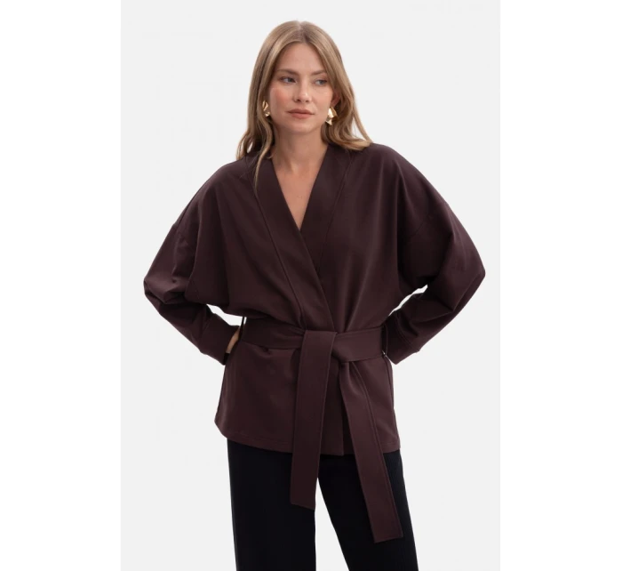 B297 Pletené sako bez límce s otevřenou přední částí - tmavá čokoláda