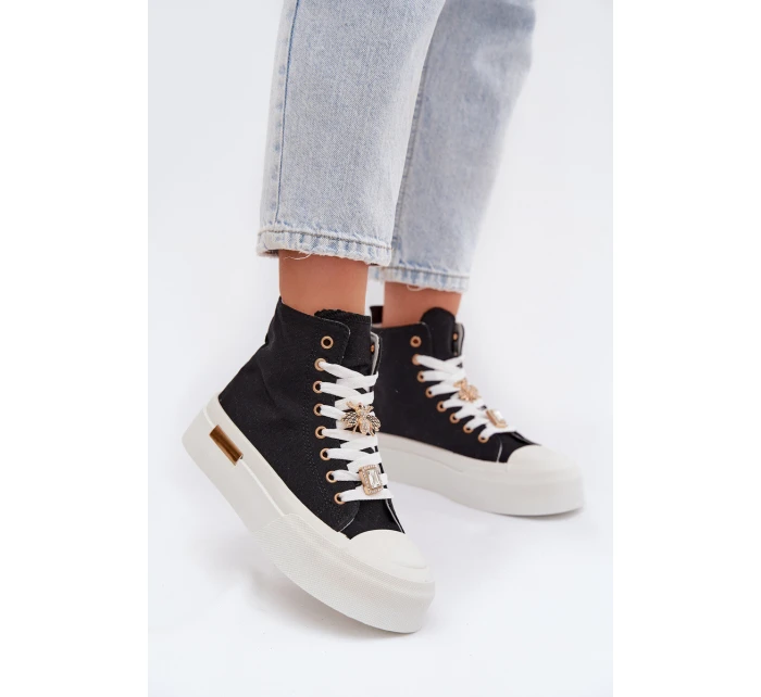 Dámské plátěné tenisky na platformě s ozdobnými připínkami – černé Gracella