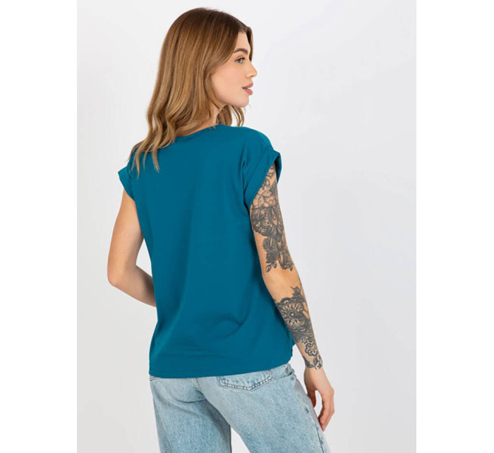 Bavlněné dámské tričko t-shirt v mořské barvě s ohrnutými rukávky Feel Good (4833-25)