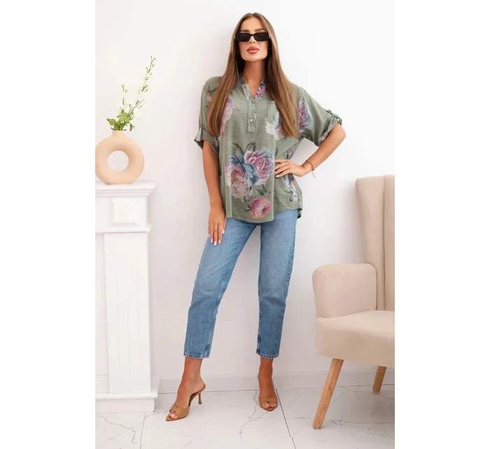 Dámská bavlněná halenka s květinovým vzorem khaki Dámská bavlněná halenka s květinovým vzorem khaki