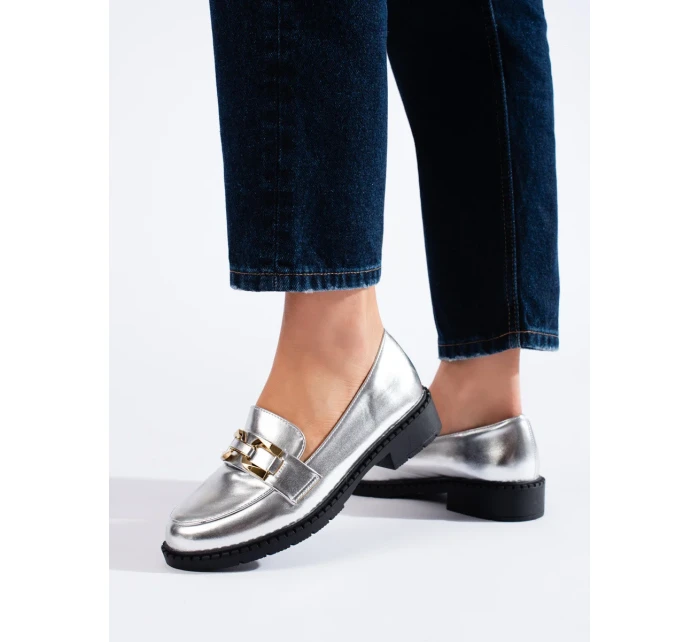 Módní mokasíny dámské stříbrné platforma Módní mokasíny dámské stříbrné platforma