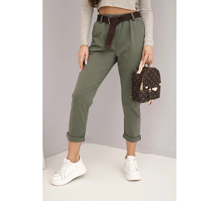 Dámské bavlněné kalhoty s páskem a ohrnutým lemem khaki