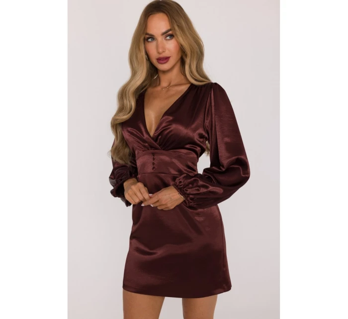 Saténové mini šaty s rukávy hnědé model 21479292 - Moe Saténové mini šaty s rukávy hnědé model 21479292 - Moe