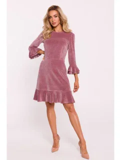 M825 Sametové šaty s volánky - krepová růžová